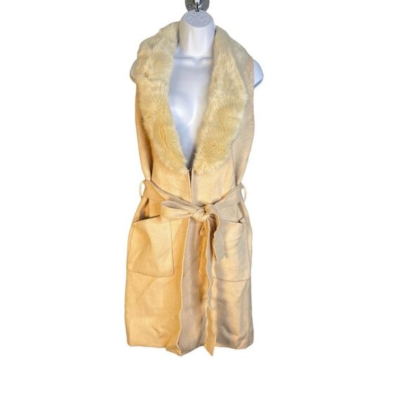 LT Love Token Womens Renee Faux Fur Plunging Neck Cream Knit Duster Vest Size XS - Picture 2 of 10